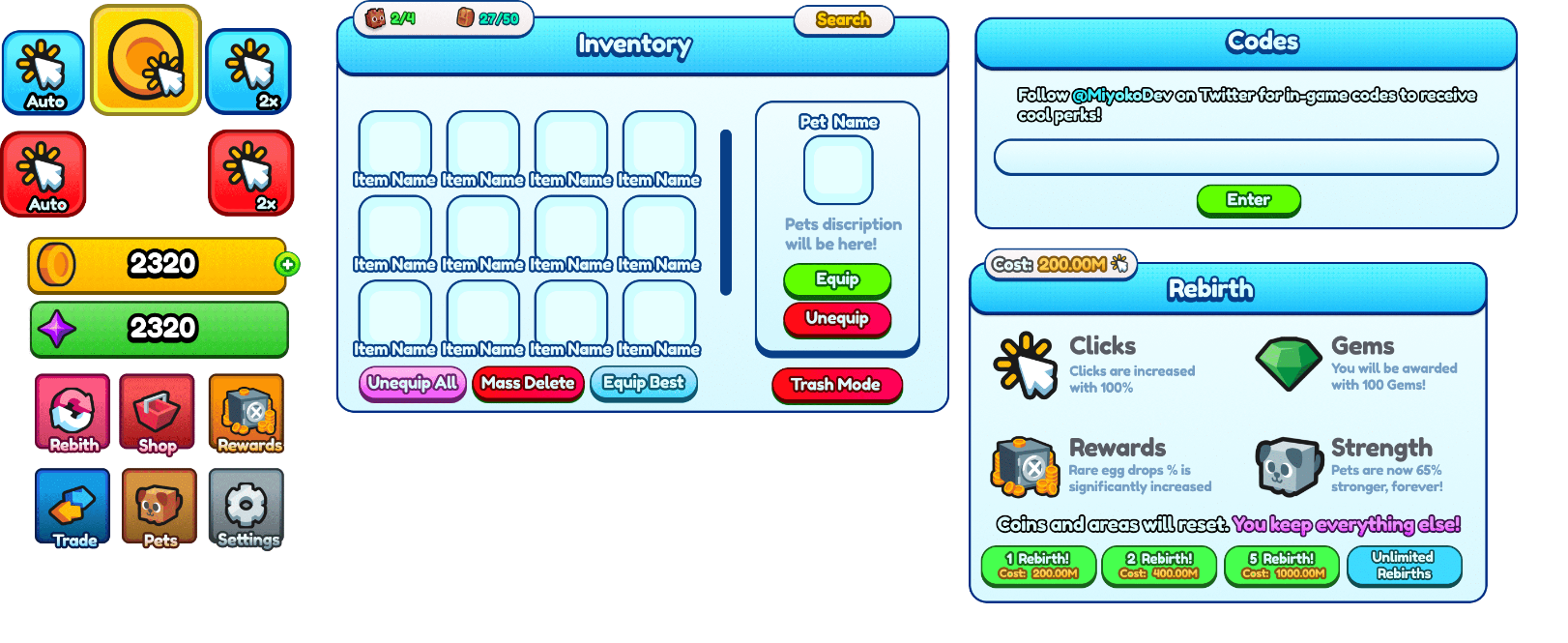 A user interface for a Pet Simulator game.